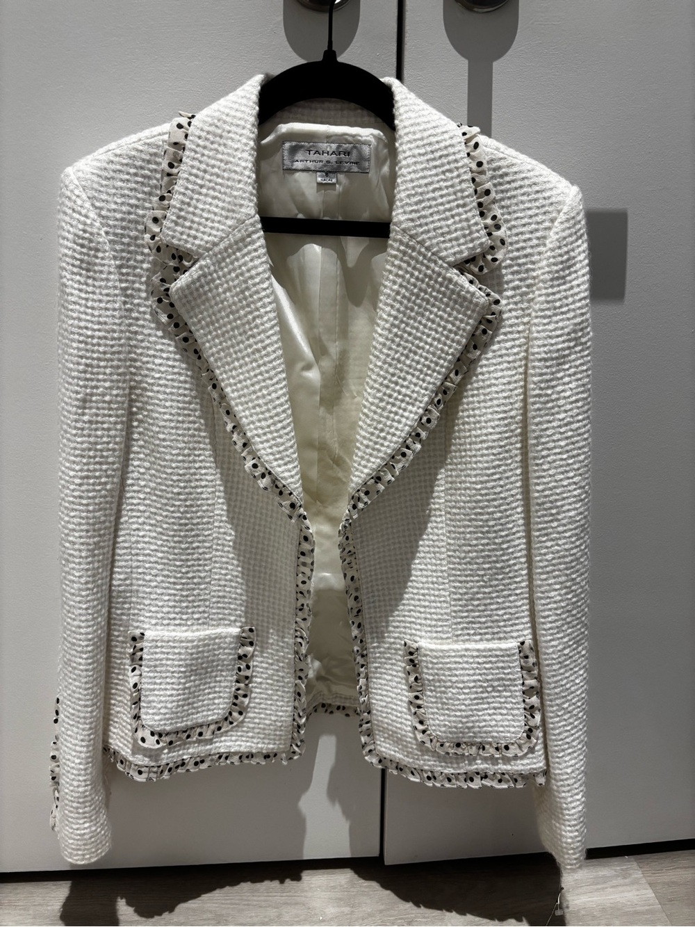 Tahari Cream Tweed Blazer with Polka-Dot Trim - Picture 3 of 6